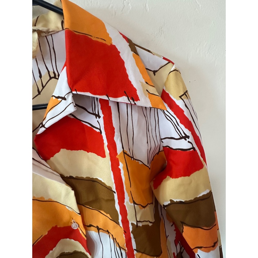 Vintage Lady Manhattan 70s Abstract Chevron Dagger Collar Blouse Orange Red - Picture 11 of 15